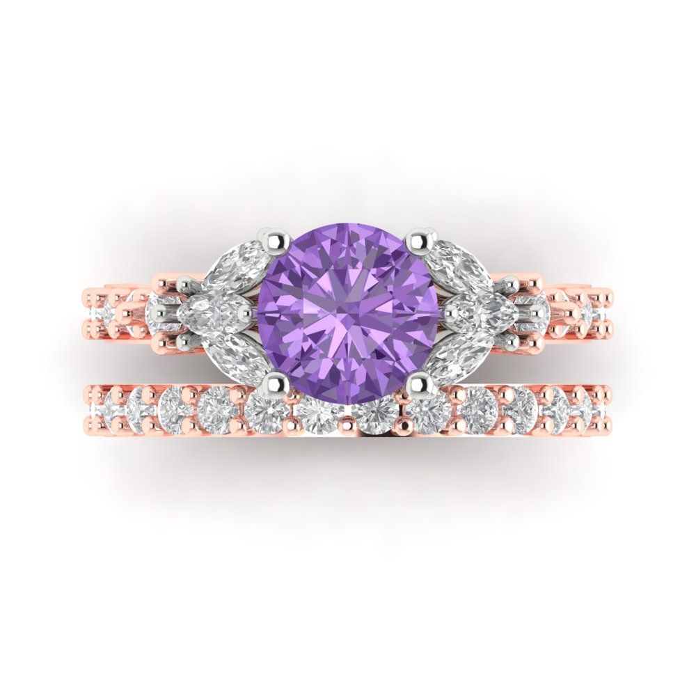 2.94 cttw Round Cut Simulated Alexandrite Bridal Set - Solid Rose/White Gold Engagement Ring & Wedding Band
