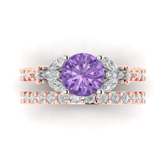 2.94 cttw Round Cut Simulated Alexandrite Bridal Set - Solid Rose/White Gold Engagement Ring & Wedding Band