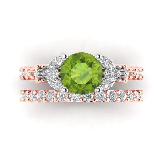 2.94 cttw Round Cut Natural Peridot Bridal Set - Solid Rose/White Gold Engagement Ring & Wedding Band