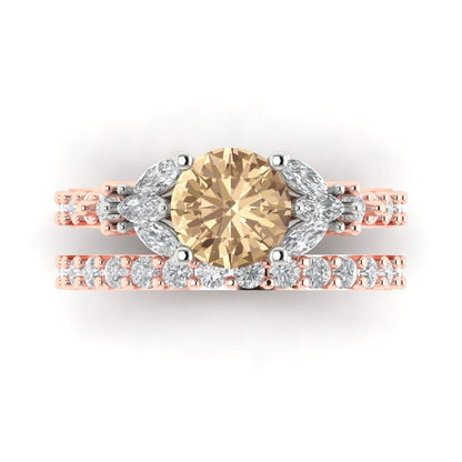 2.94 cttw Round Cut Yellow Moissanite Bridal Set - Solid Rose/White Gold Engagement Ring & Wedding Band