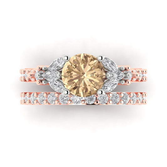 2.94 cttw Round Cut Yellow Moissanite Bridal Set - Solid Rose/White Gold Engagement Ring & Wedding Band