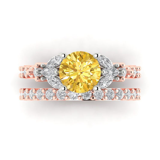 2.94 cttw Round Cut Simulated Yellow Diamond Bridal Set - Solid Rose/White Gold Engagement Ring & Wedding Band