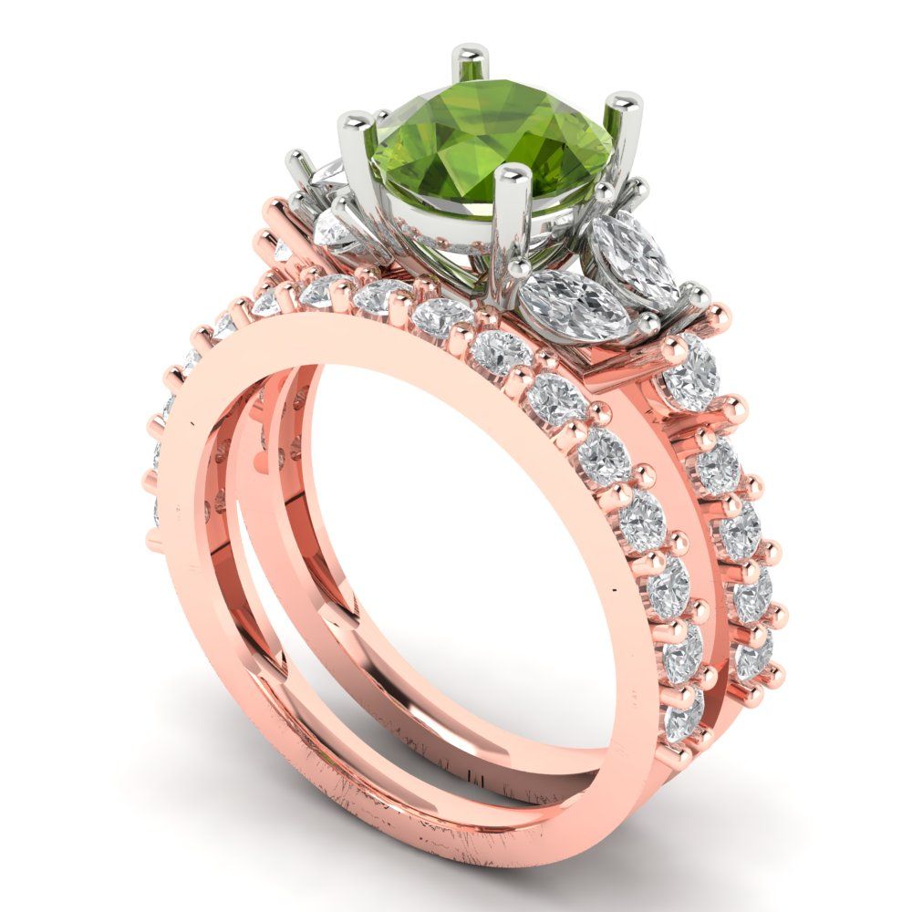 2.94 cttw Round Cut Natural Peridot Bridal Set - Solid Rose/White Gold Engagement Ring & Wedding Band