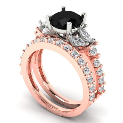 2.94 cttw Round Cut Natural Onyx Bridal Set - Solid Rose/White Gold Engagement Ring & Wedding Band