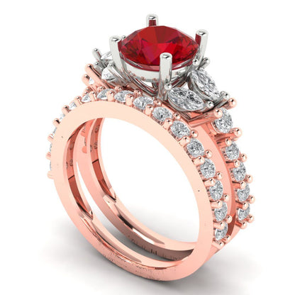 2.94 cttw Round Cut Simulated Ruby Bridal Set - Solid Rose/White Gold Engagement Ring & Wedding Band