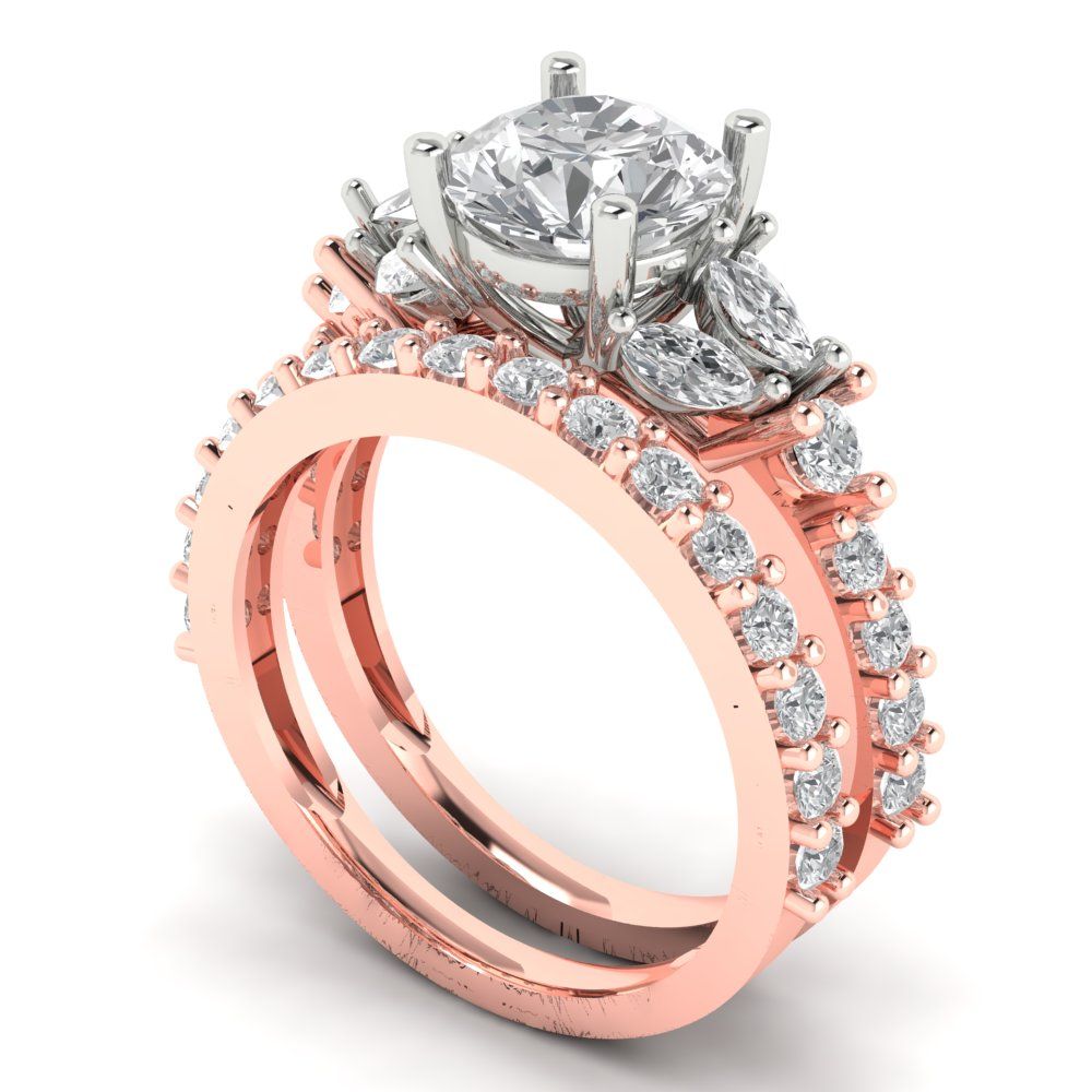 2.94 cttw Round Cut White Sapphire Bridal Set - Solid Rose/White Gold Engagement Ring & Wedding Band