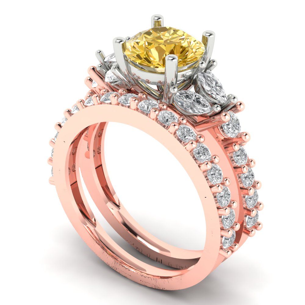 2.94 cttw Round Cut Yellow Moissanite Bridal Set - Solid Rose/White Gold Engagement Ring & Wedding Band