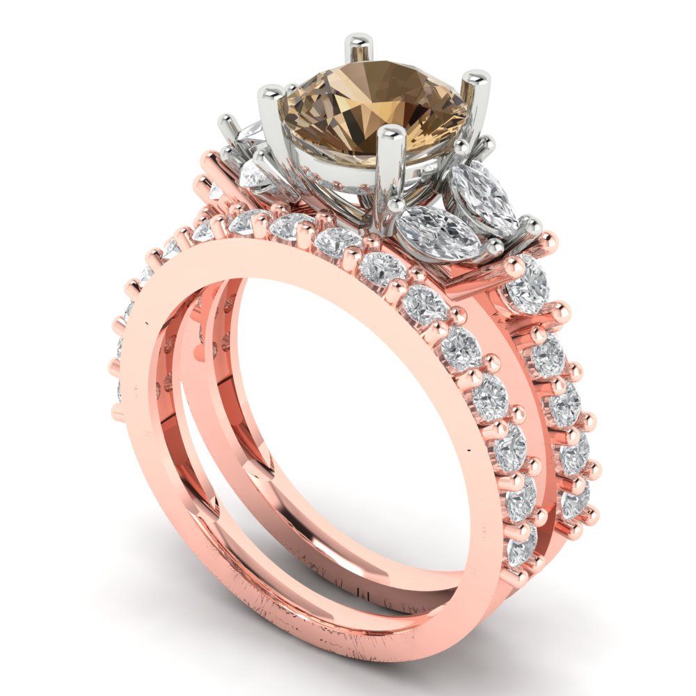 2.94 cttw Round Cut Simulated Champagne Diamond Bridal Set - Solid Rose/White Gold Engagement Ring & Wedding Band