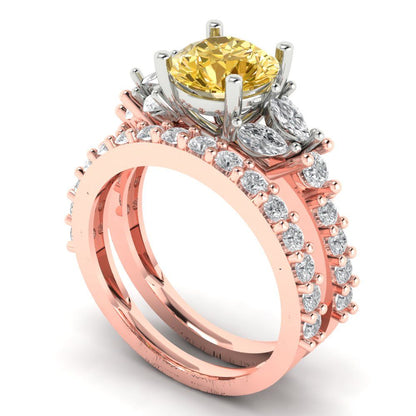 2.94 cttw Round Cut Natural Citrine Bridal Set - Solid Rose/White Gold Engagement Ring & Wedding Band