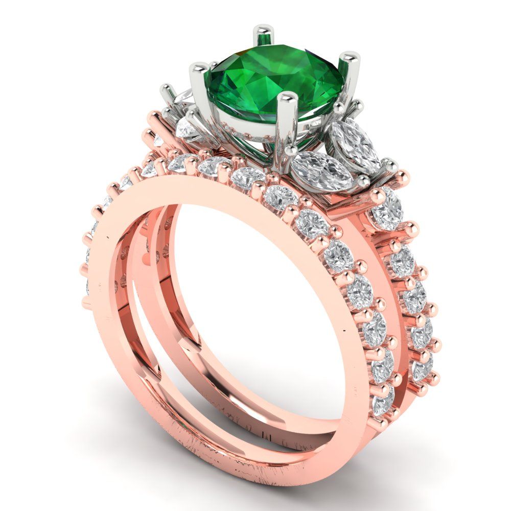 2.94 cttw Round Cut Simulated Emerald Bridal Set - Solid Rose/White Gold Engagement Ring & Wedding Band