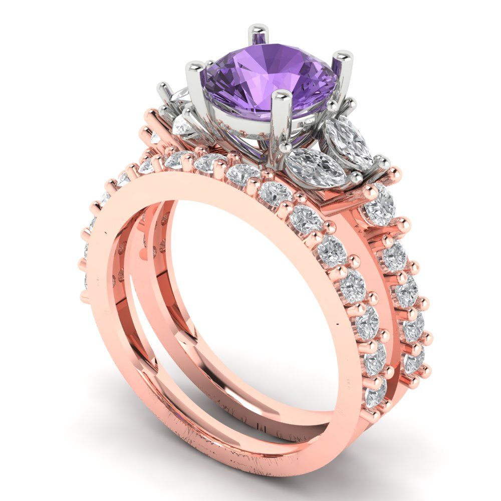 2.94 cttw Round Cut Simulated Alexandrite Bridal Set - Solid Rose/White Gold Engagement Ring & Wedding Band