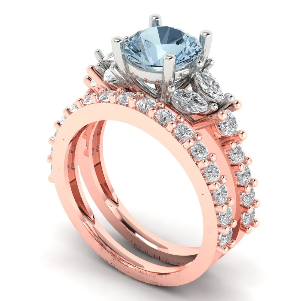 2.94 cttw Round Cut Natural Sky Blue Topaz Bridal Set - Solid Rose/White Gold Engagement Ring & Wedding Band
