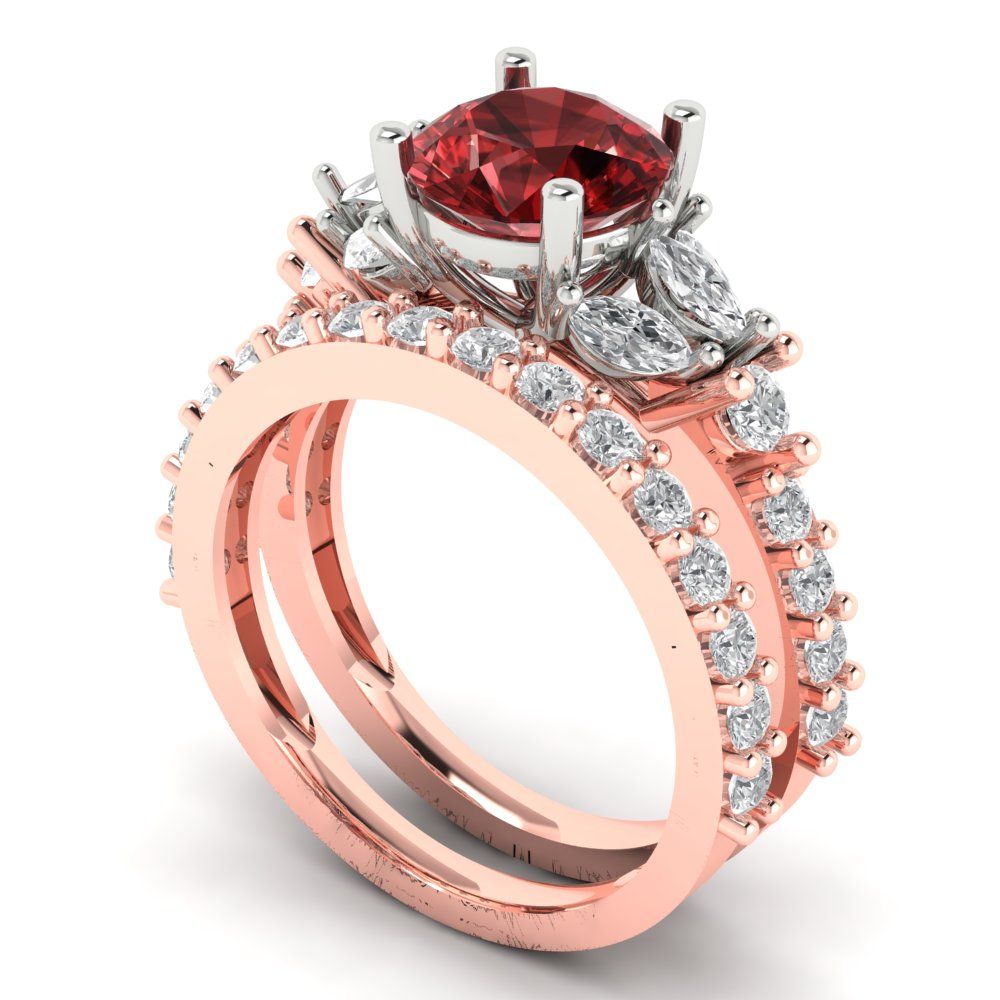 2.94 cttw Round Cut Natural Garnet Bridal Set - Solid Rose/White Gold Engagement Ring & Wedding Band