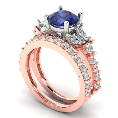 2.94 cttw Round Cut Simulated Tanzanite Bridal Set - Solid Rose/White Gold Engagement Ring & Wedding Band