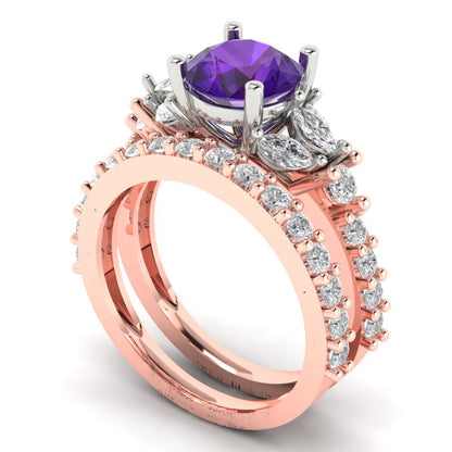 2.94 cttw Round Cut Natural Amethyst Bridal Set - Solid Rose/White Gold Engagement Ring & Wedding Band