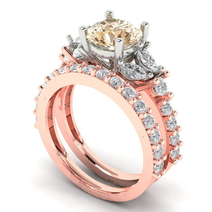 2.94 cttw Round Cut Natural Morganite Bridal Set - Solid Rose/White Gold Engagement Ring & Wedding Band