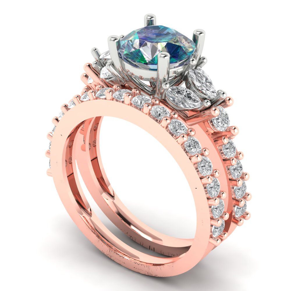 2.94 cttw Round Cut Blue Moissanite Bridal Set - Solid Rose/White Gold Engagement Ring & Wedding Band