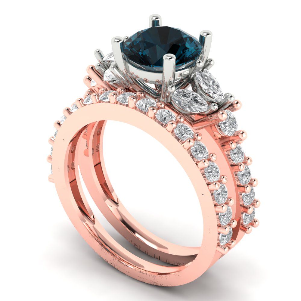 2.94 cttw Round Cut Natural London Blue Topaz Bridal Set - Solid Rose/White Gold Engagement Ring & Wedding Band