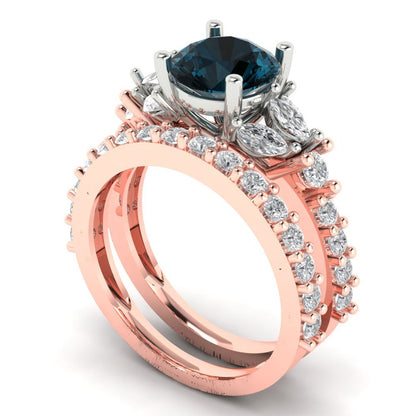2.94 cttw Round Cut Natural London Blue Topaz Bridal Set - Solid Rose/White Gold Engagement Ring & Wedding Band