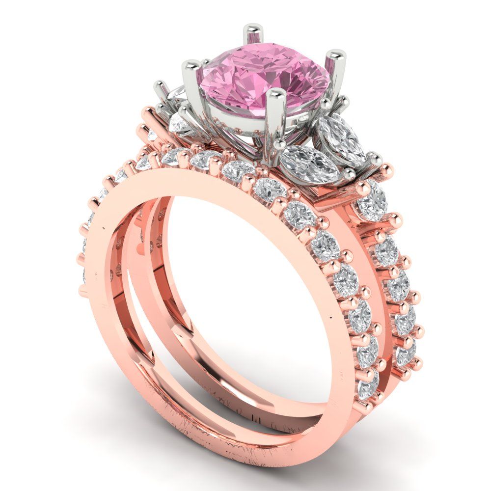 2.94 cttw Round Cut Simulated Pink Diamond Bridal Set - Solid Rose/White Gold Engagement Ring & Wedding Band