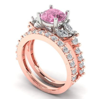 2.94 cttw Round Cut Simulated Pink Diamond Bridal Set - Solid Rose/White Gold Engagement Ring & Wedding Band