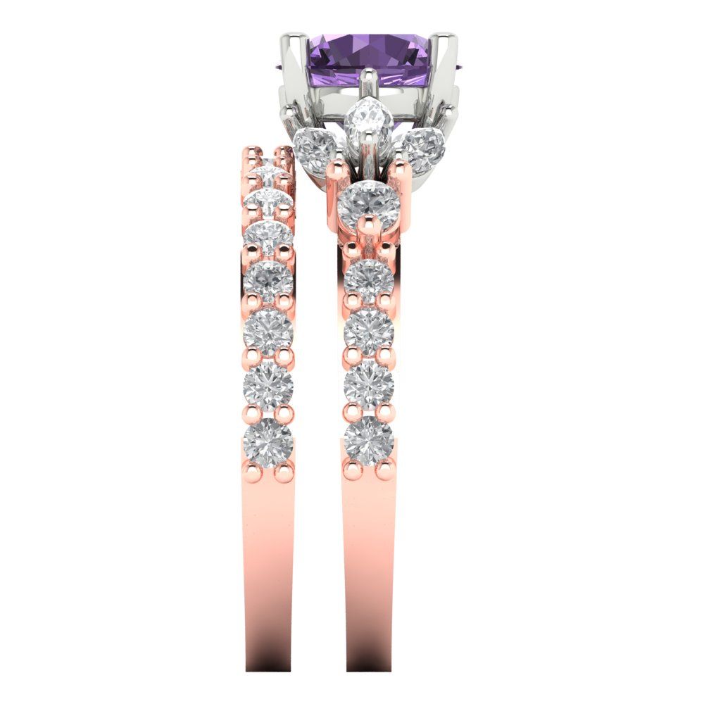 2.94 cttw Round Cut Simulated Alexandrite Bridal Set - Solid Rose/White Gold Engagement Ring & Wedding Band