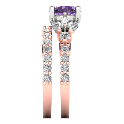 2.94 cttw Round Cut Simulated Alexandrite Bridal Set - Solid Rose/White Gold Engagement Ring & Wedding Band