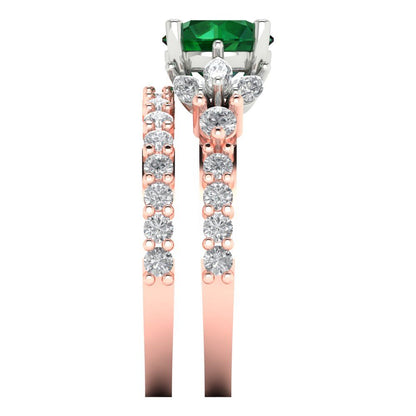 2.94 cttw Round Cut Simulated Emerald Bridal Set - Solid Rose/White Gold Engagement Ring & Wedding Band
