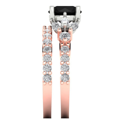 2.94 cttw Round Cut Natural Onyx Bridal Set - Solid Rose/White Gold Engagement Ring & Wedding Band