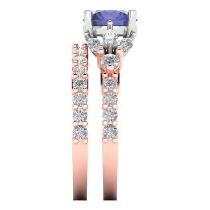 2.94 cttw Round Cut Simulated Tanzanite Bridal Set - Solid Rose/White Gold Engagement Ring & Wedding Band