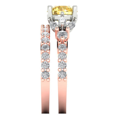 2.94 cttw Round Cut Natural Citrine Bridal Set - Solid Rose/White Gold Engagement Ring & Wedding Band