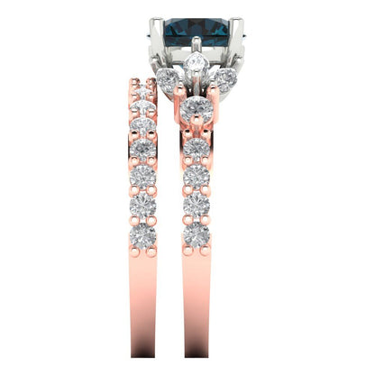 2.94 cttw Round Cut Natural London Blue Topaz Bridal Set - Solid Rose/White Gold Engagement Ring & Wedding Band