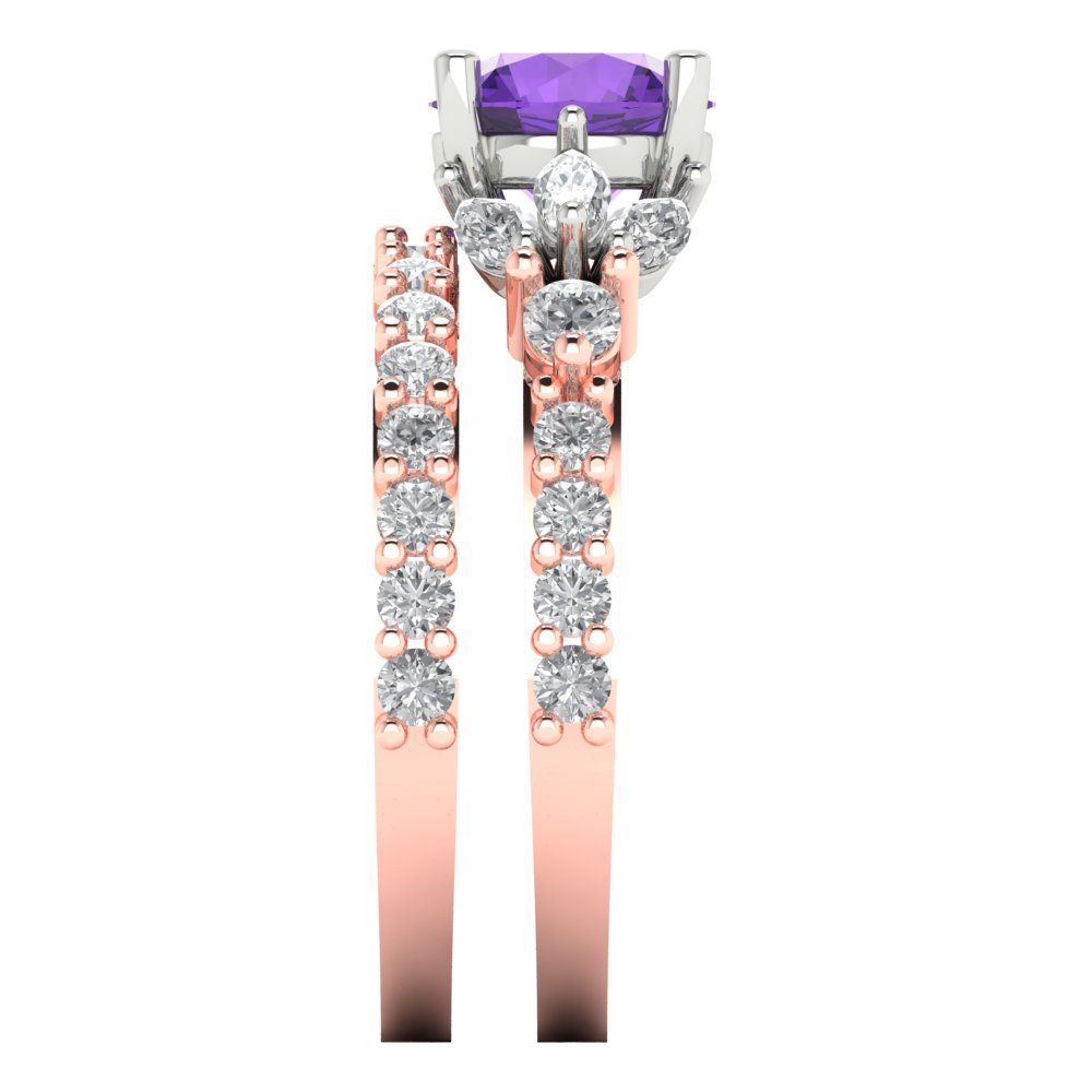 2.94 cttw Round Cut Natural Amethyst Bridal Set - Solid Rose/White Gold Engagement Ring & Wedding Band
