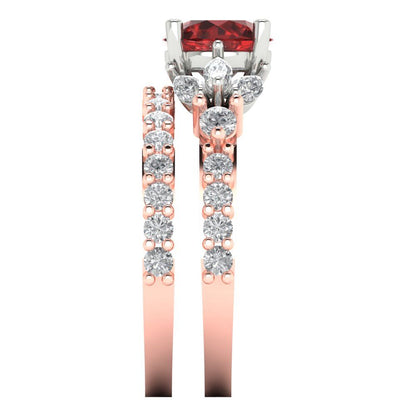 2.94 cttw Round Cut Natural Garnet Bridal Set - Solid Rose/White Gold Engagement Ring & Wedding Band