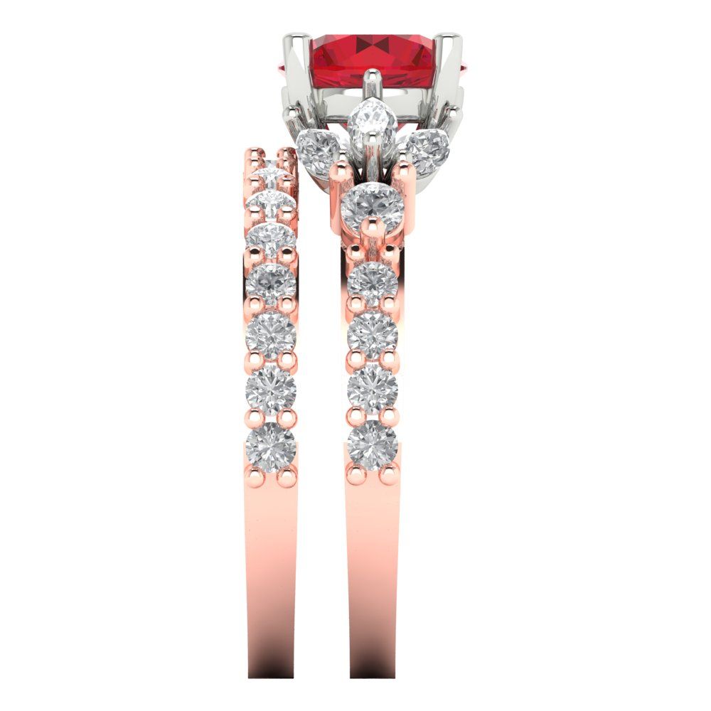 2.94 cttw Round Cut Simulated Ruby Bridal Set - Solid Rose/White Gold Engagement Ring & Wedding Band