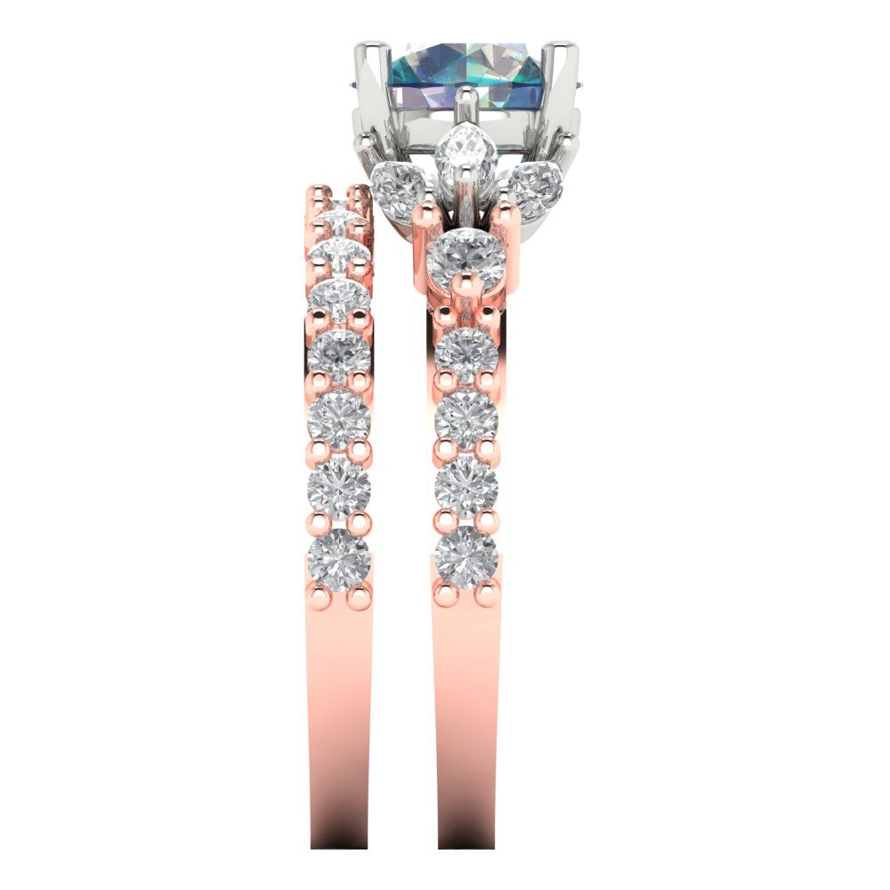 2.94 cttw Round Cut Blue Moissanite Bridal Set - Solid Rose/White Gold Engagement Ring & Wedding Band