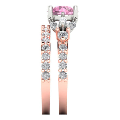 2.94 cttw Round Cut Simulated Pink Diamond Bridal Set - Solid Rose/White Gold Engagement Ring & Wedding Band