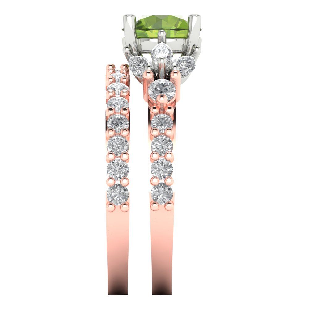 2.94 cttw Round Cut Natural Peridot Bridal Set - Solid Rose/White Gold Engagement Ring & Wedding Band