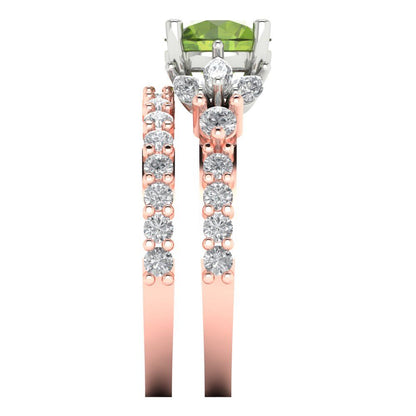2.94 cttw Round Cut Natural Peridot Bridal Set - Solid Rose/White Gold Engagement Ring & Wedding Band
