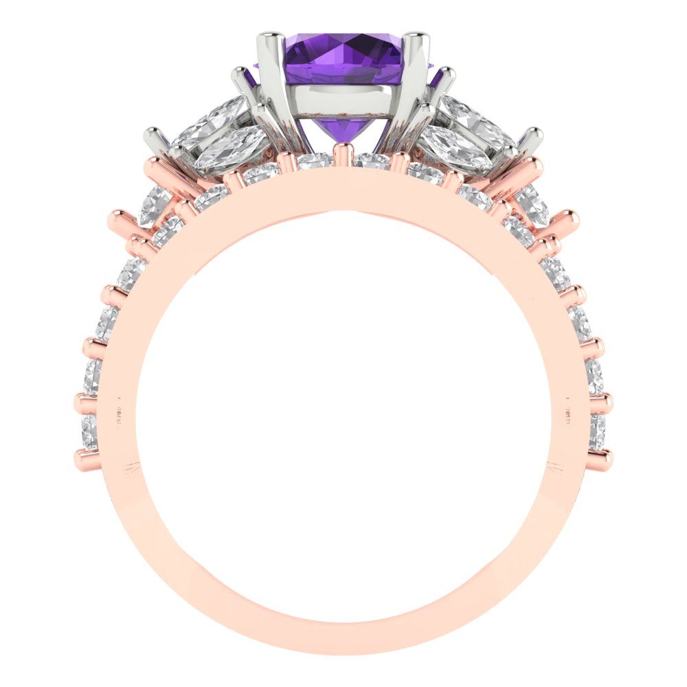 2.94 cttw Round Cut Natural Amethyst Bridal Set - Solid Rose/White Gold Engagement Ring & Wedding Band