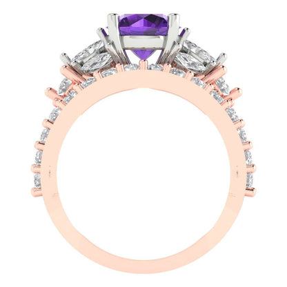2.94 cttw Round Cut Natural Amethyst Bridal Set - Solid Rose/White Gold Engagement Ring & Wedding Band