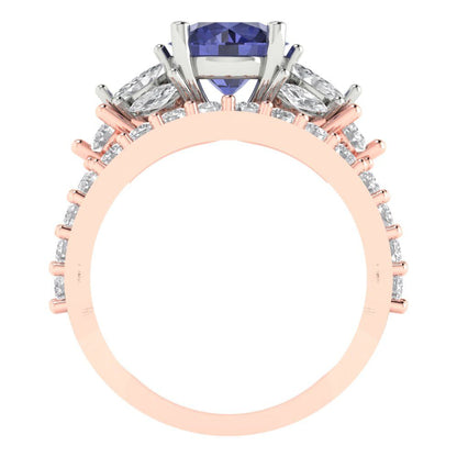 2.94 cttw Round Cut Simulated Tanzanite Bridal Set - Solid Rose/White Gold Engagement Ring & Wedding Band