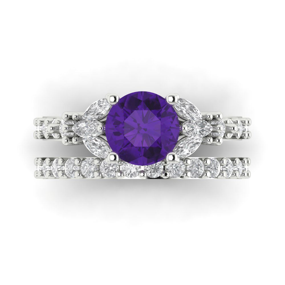 2.94 cttw Round Cut Natural Amethyst Bridal Set - Solid White Gold Engagement Ring & Wedding Band