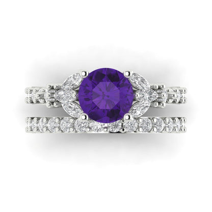 2.94 cttw Round Cut Natural Amethyst Bridal Set - Solid White Gold Engagement Ring & Wedding Band