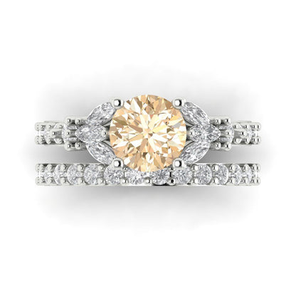 2.94 cttw Round Cut Natural Morganite Bridal Set - Solid White Gold Engagement Ring & Wedding Band