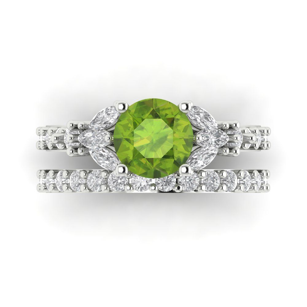 2.94 cttw Round Cut Natural Peridot Bridal Set - Solid White Gold Engagement Ring & Wedding Band