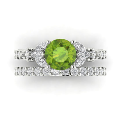 2.94 cttw Round Cut Natural Peridot Bridal Set - Solid White Gold Engagement Ring & Wedding Band