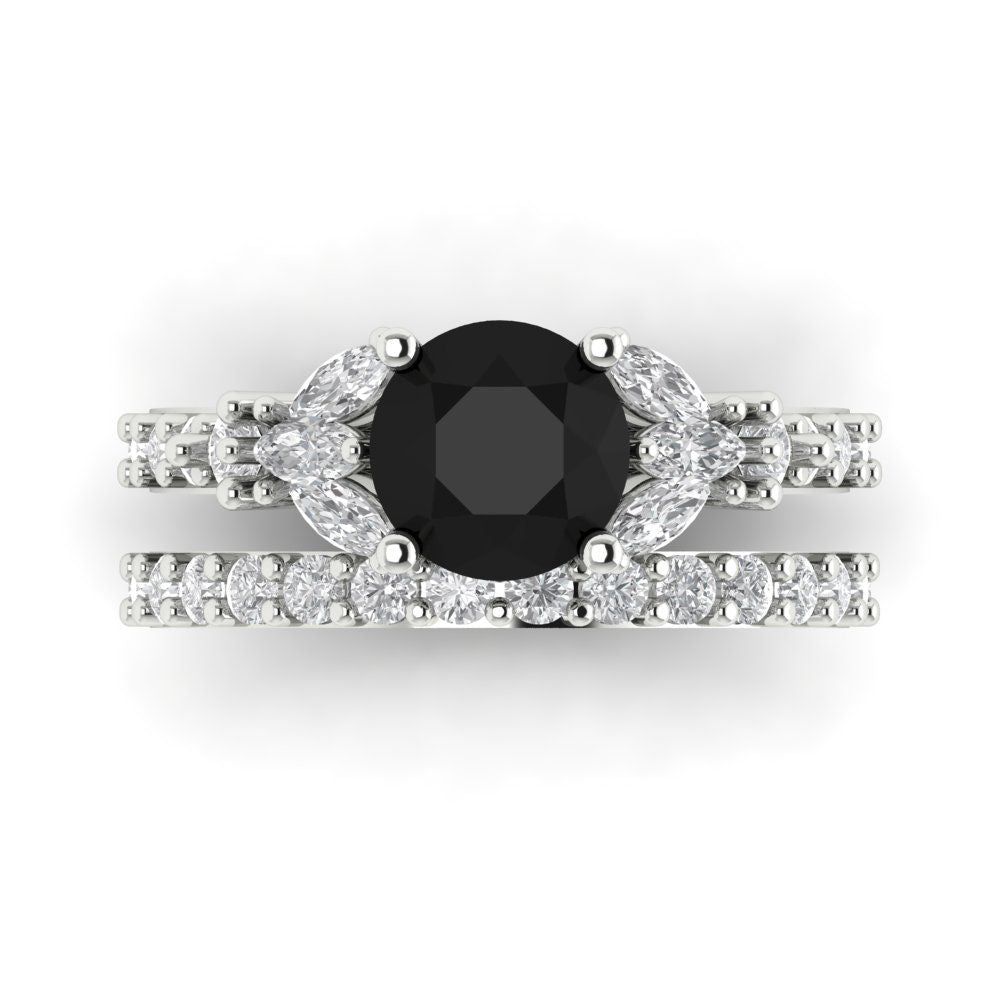 2.94 cttw Round Cut Natural Onyx Bridal Set - Solid White Gold Engagement Ring & Wedding Band
