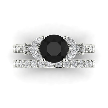 2.94 cttw Round Cut Natural Onyx Bridal Set - Solid White Gold Engagement Ring & Wedding Band