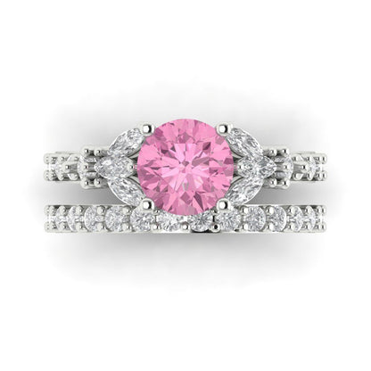 2.94 cttw Round Cut Simulated Pink Diamond Bridal Set - Solid White Gold Engagement Ring & Wedding Band